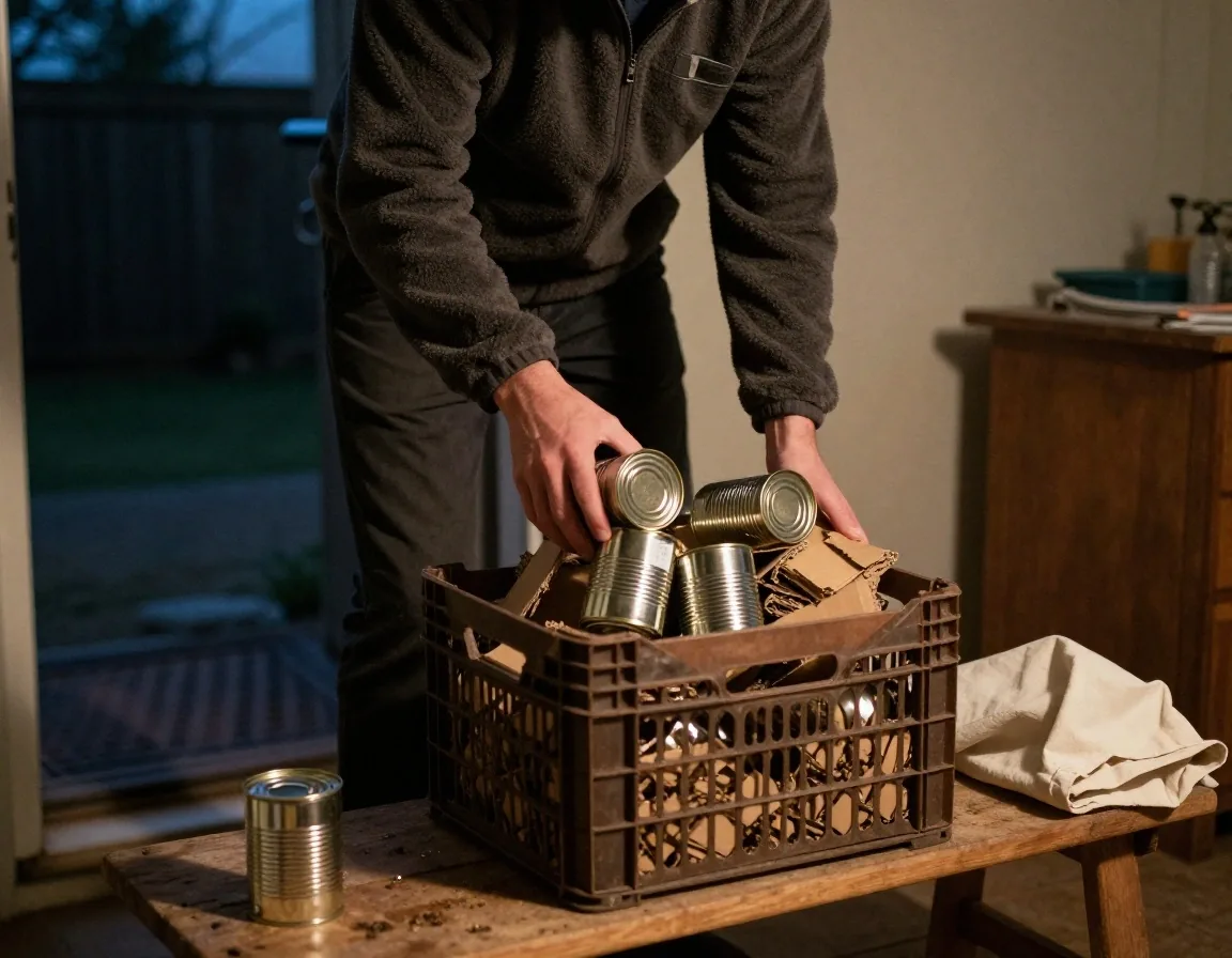 A person sorting a shallow crate of household items at a workbench in a UK utility room