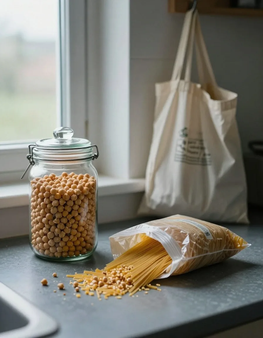 Lidded glass jars of dry goods, a cut-open carton and reusable produce bags on a UK kitchen worktop