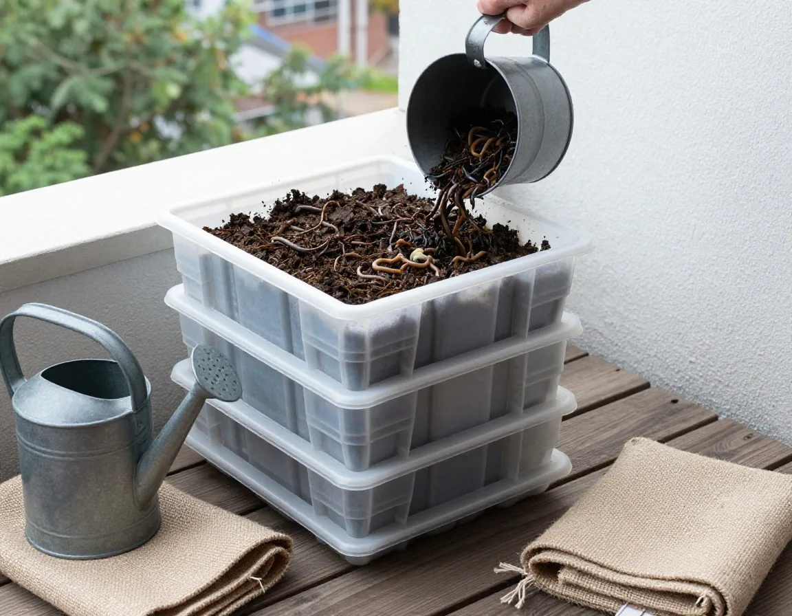 A stack of wormery trays on a small balcony with a lifted top tray showing dark worm castings