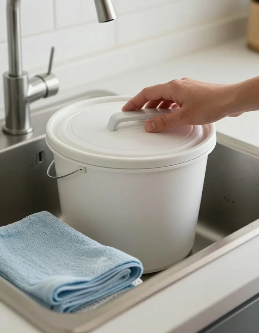A bokashi bucket in an open kitchen cupboard with bran layered on top of scraps and a glass of drained liquid beside it