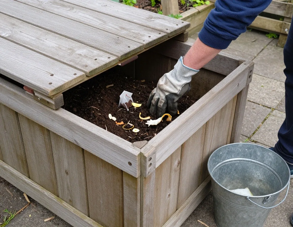 A garden fork lifting half-finished compost from a black plastic compost bin