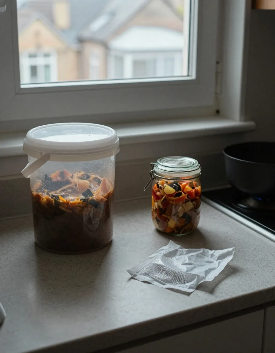 A small flat kitchen at 4pm with a sealed bokashi bucket and a caddy liner on the counter beside the window