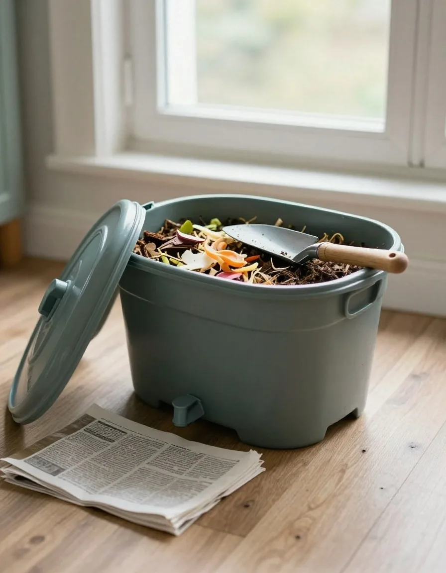 A council-style compost bin sitting on soil in a shaded corner of a small UK garden