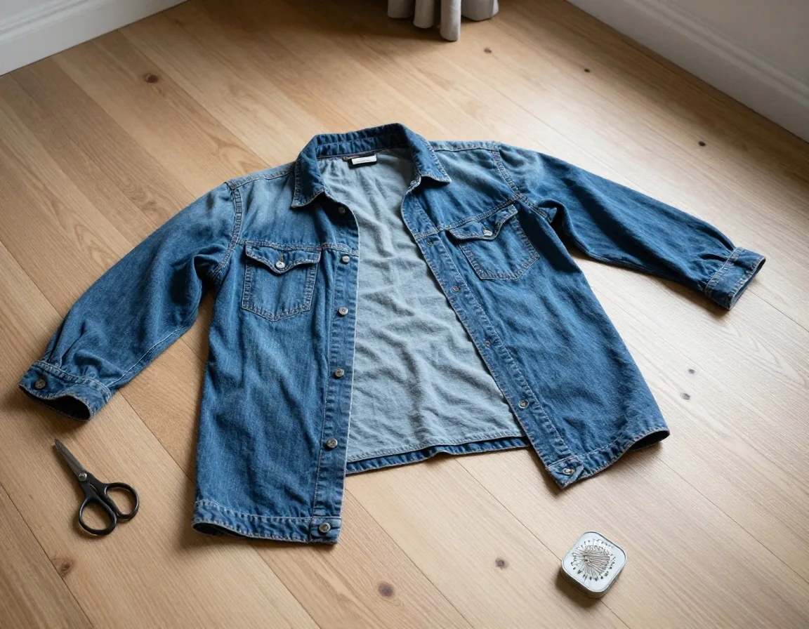 A worn shirt and jeans cut into panels on a wooden floor ready for repurposing