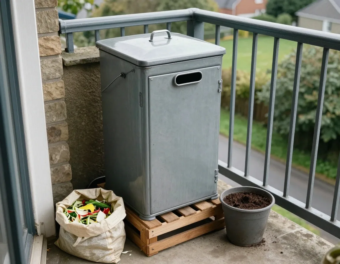 A compact food scrap caddy on a small flat balcony beside peelings and a pot of soil