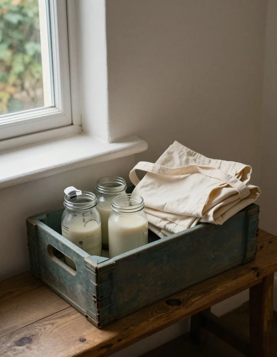 A crate of household packaging and glass jars being sorted on a utility room bench in a UK terrace home