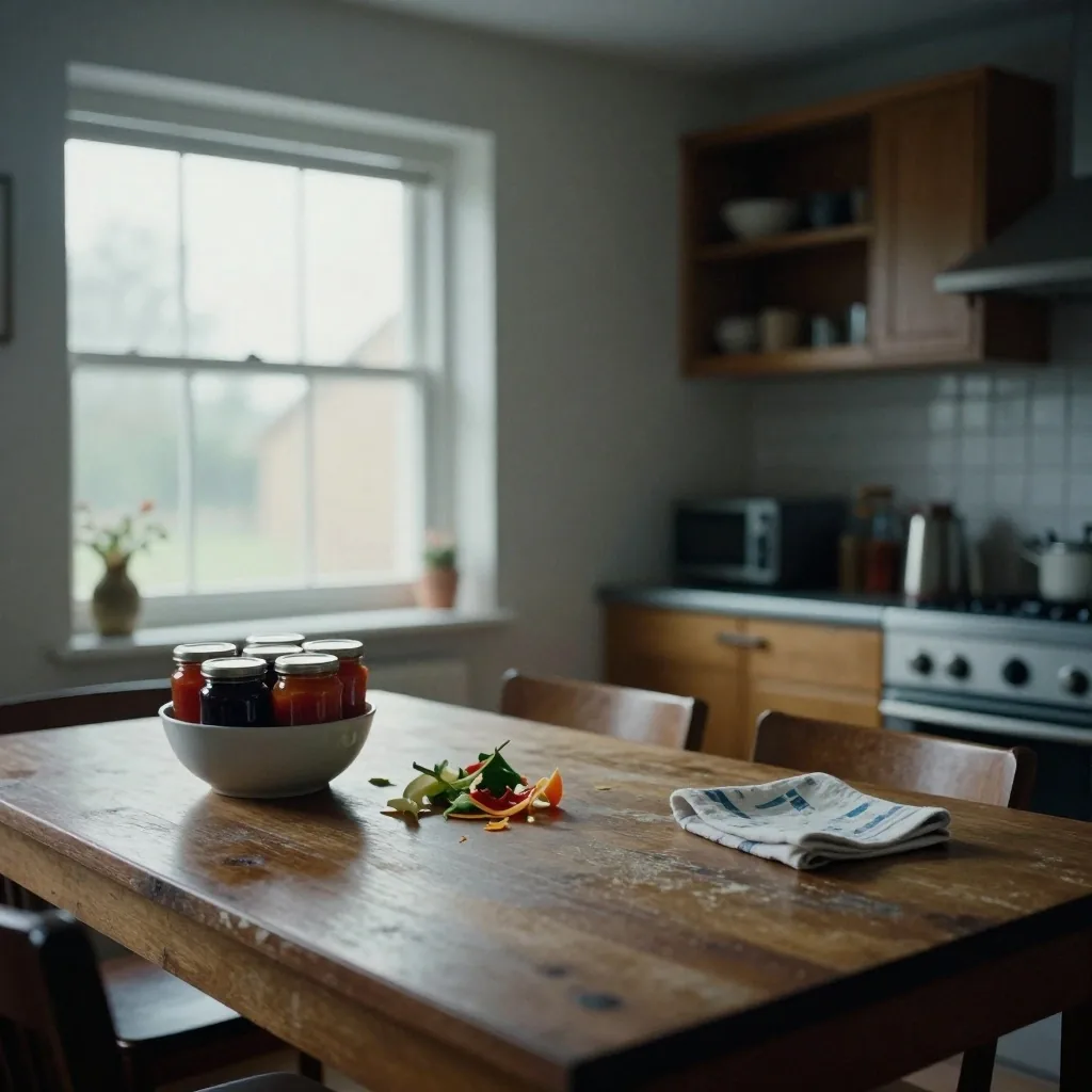 A kitchen table in cool afternoon light with a notepad, mug and a jar of dried pasta during a written reply