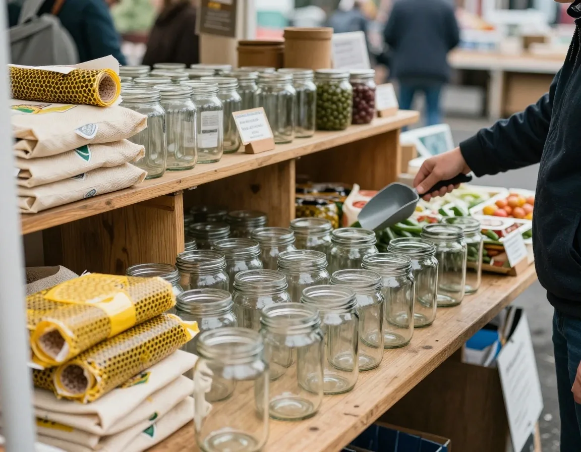 Reusable produce bags and a beeswax wrap laid out on a counter beside refill containers