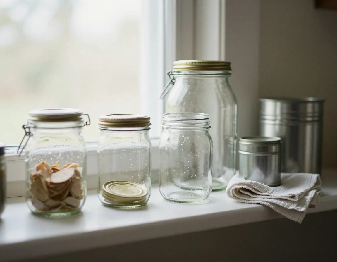Three cleaned glass jam jars on a kitchen worktop being prepared for upcycling