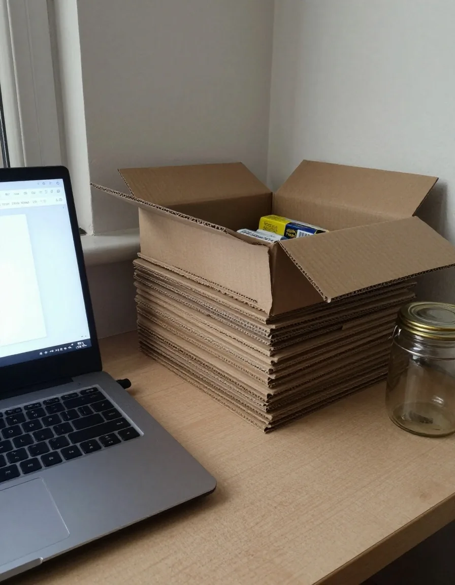 A UK home utility corner with sorted returnable packaging and plain recycled board beside a closed laptop in cool afternoon window light