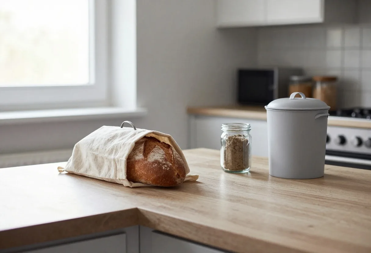 A UK terrace kitchen in late afternoon with a food caddy, bread bag and glass jar on the worktop beside the general waste bin