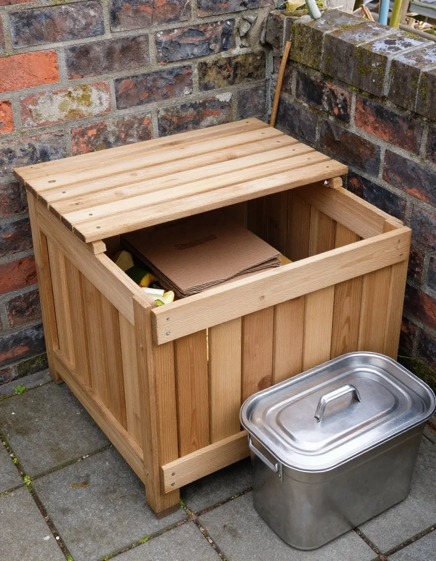 An open wooden compost bin in a small UK garden with kitchen scraps and cardboard layers visible