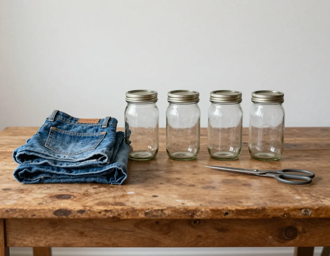 Clean empty glass jars beside folded old jeans and hand sewing on a worn kitchen table