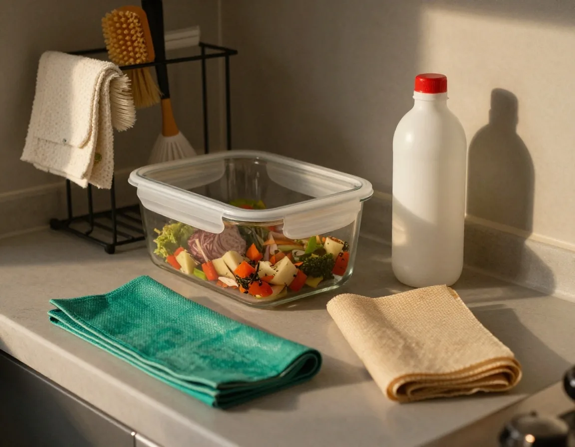 Glass food storage with a beeswax wrap and a refill bottle of vinegar on a kitchen worktop