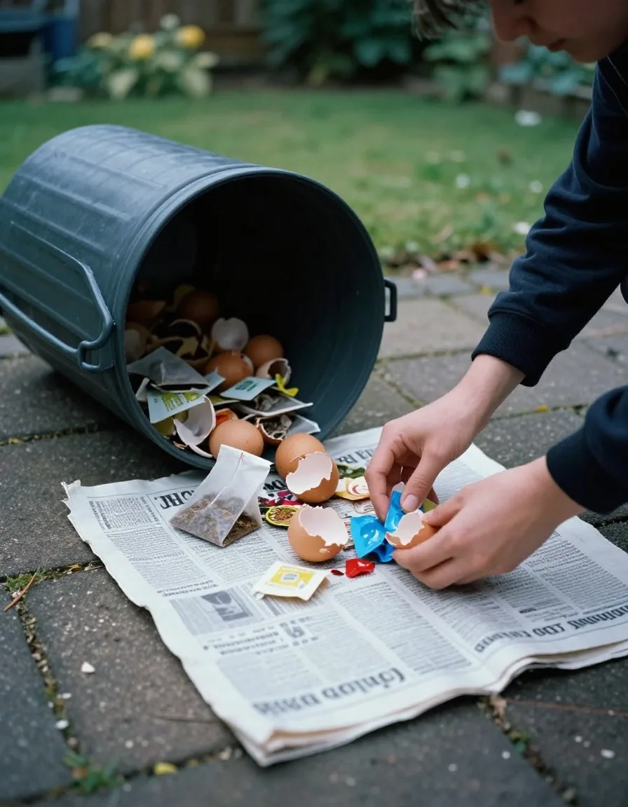 Household waste tipped onto newspaper beside an open bin while two hands sort it into groups