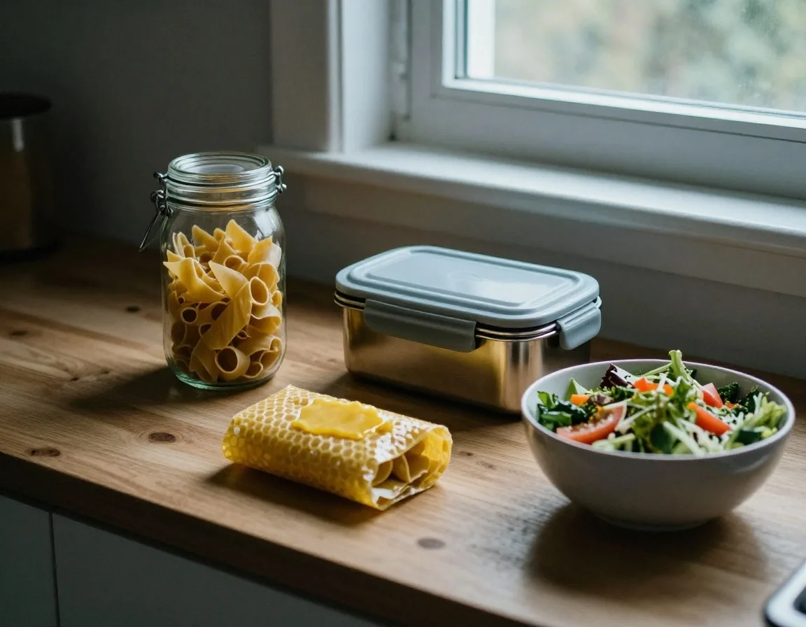 A UK kitchen worktop with a glass jar of dry goods, a lidded leftover box and a cloth