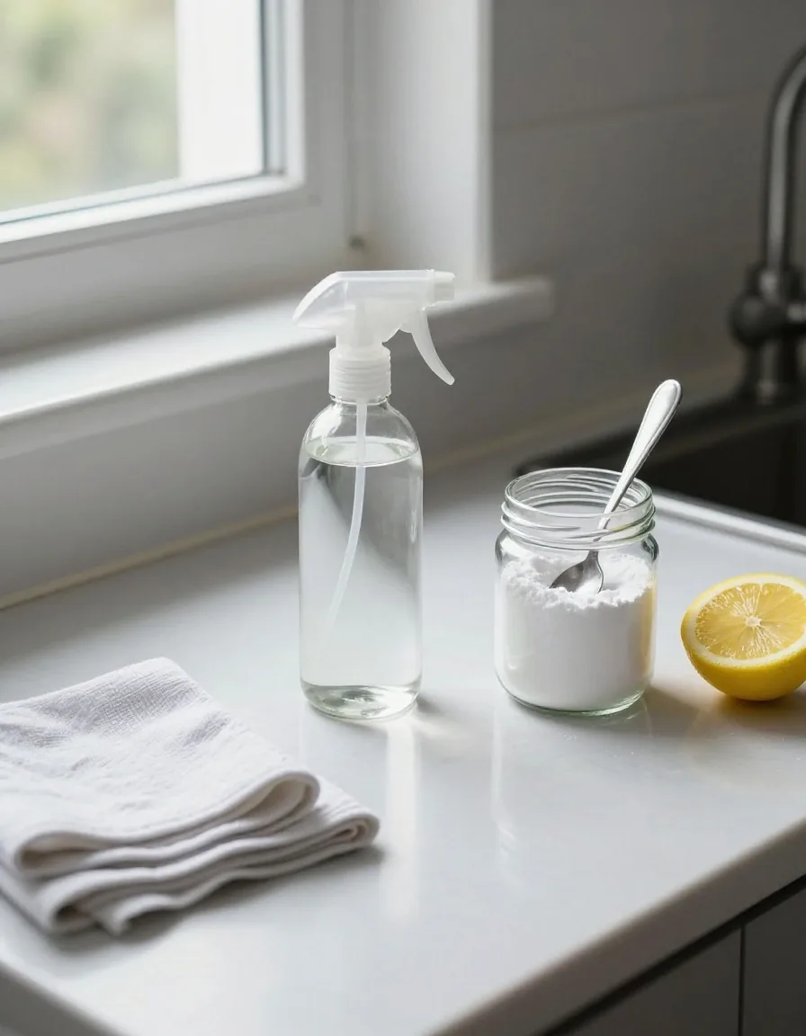 A kitchen worktop with a glass spray bottle, a jar of bicarbonate of soda, folded cloths and a lemon half