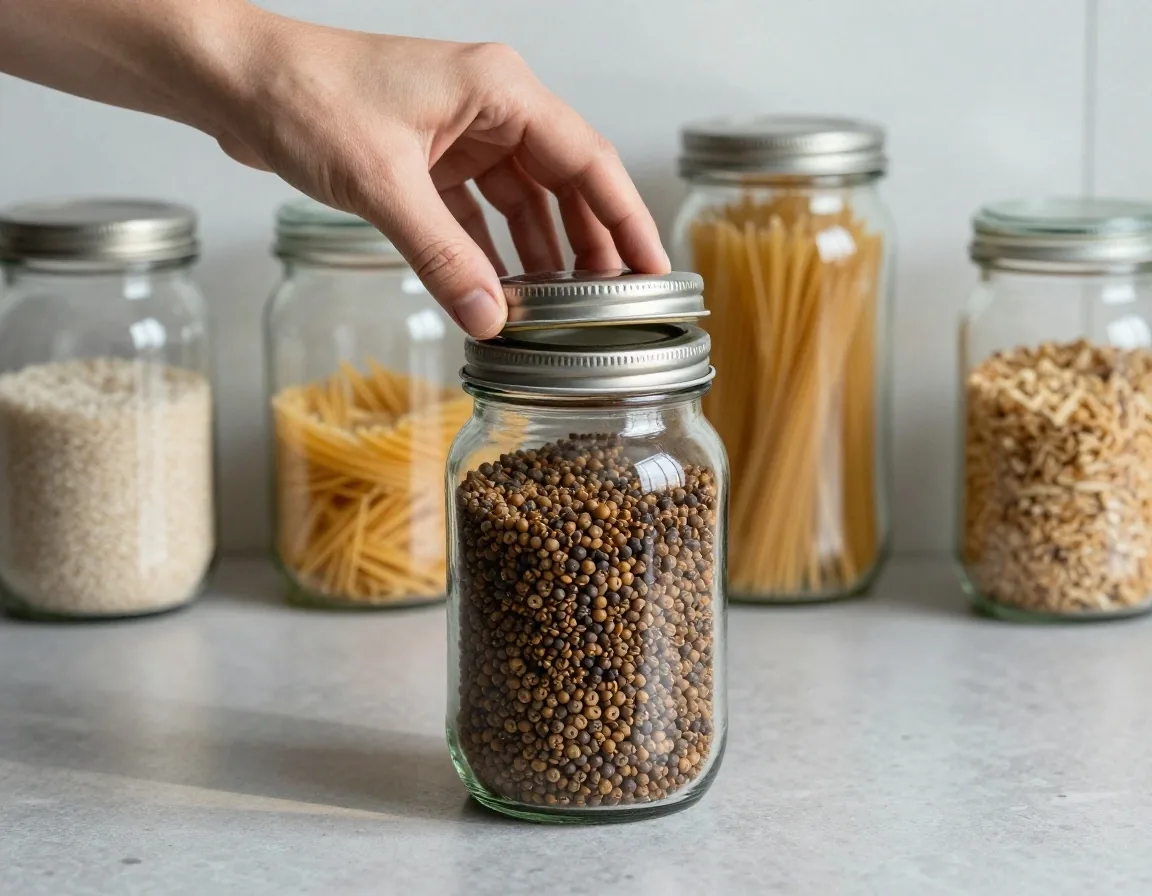 A jar of dried pulses being opened on a kitchen worktop beside other plain glass jars