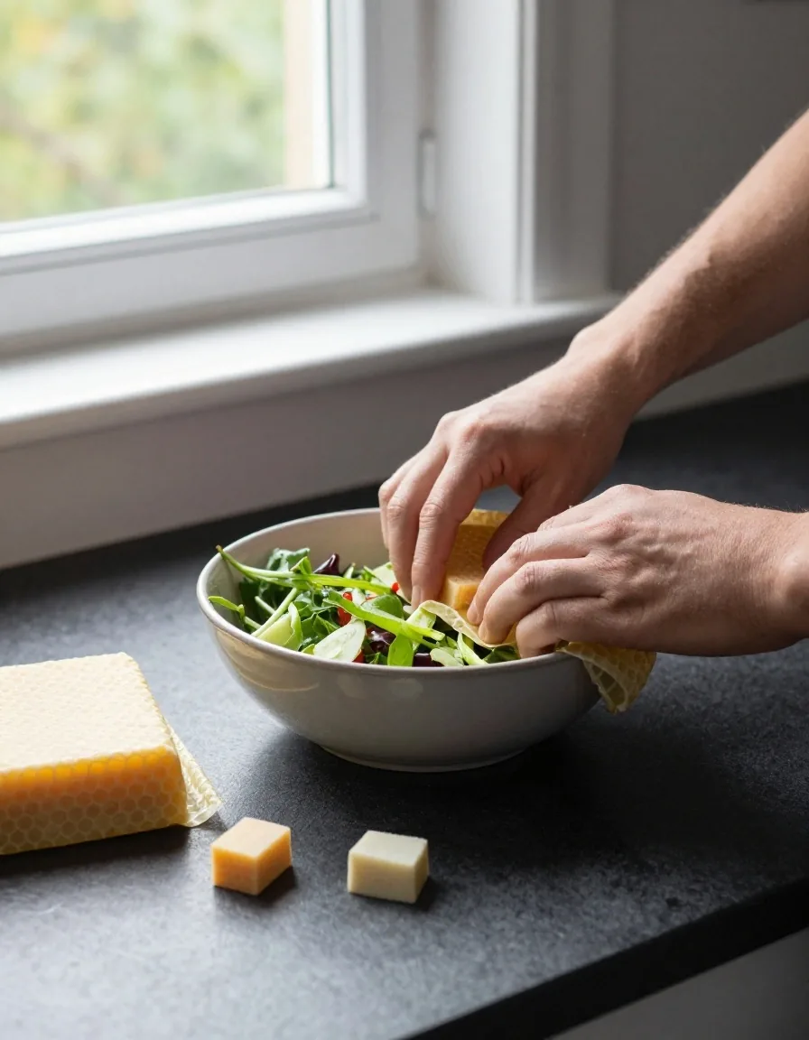 Hands pressing a beeswax wrap around the rim of a ceramic bowl on a dark worktop