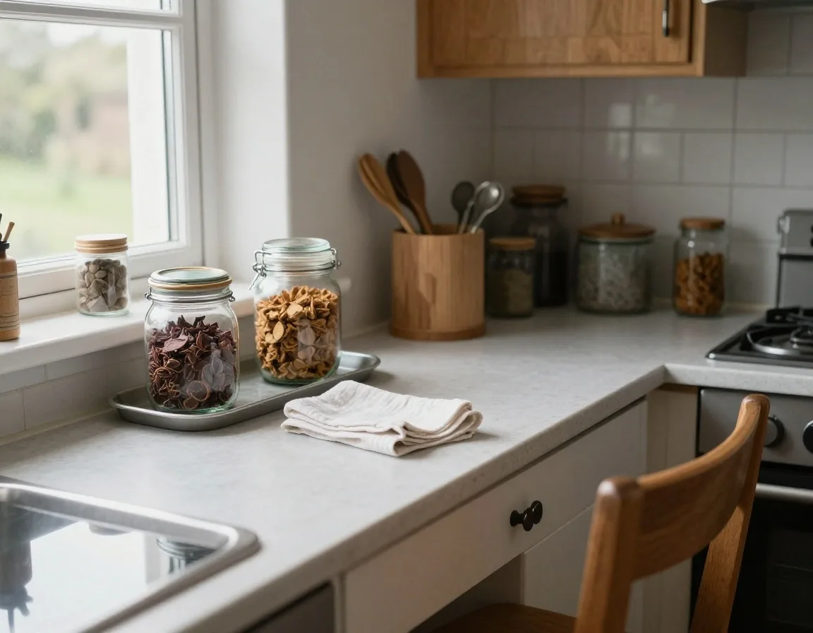 A kitchen worktop in a UK terrace house in the late afternoon, with a ring binder, a glass jar and a shallow tray of household items