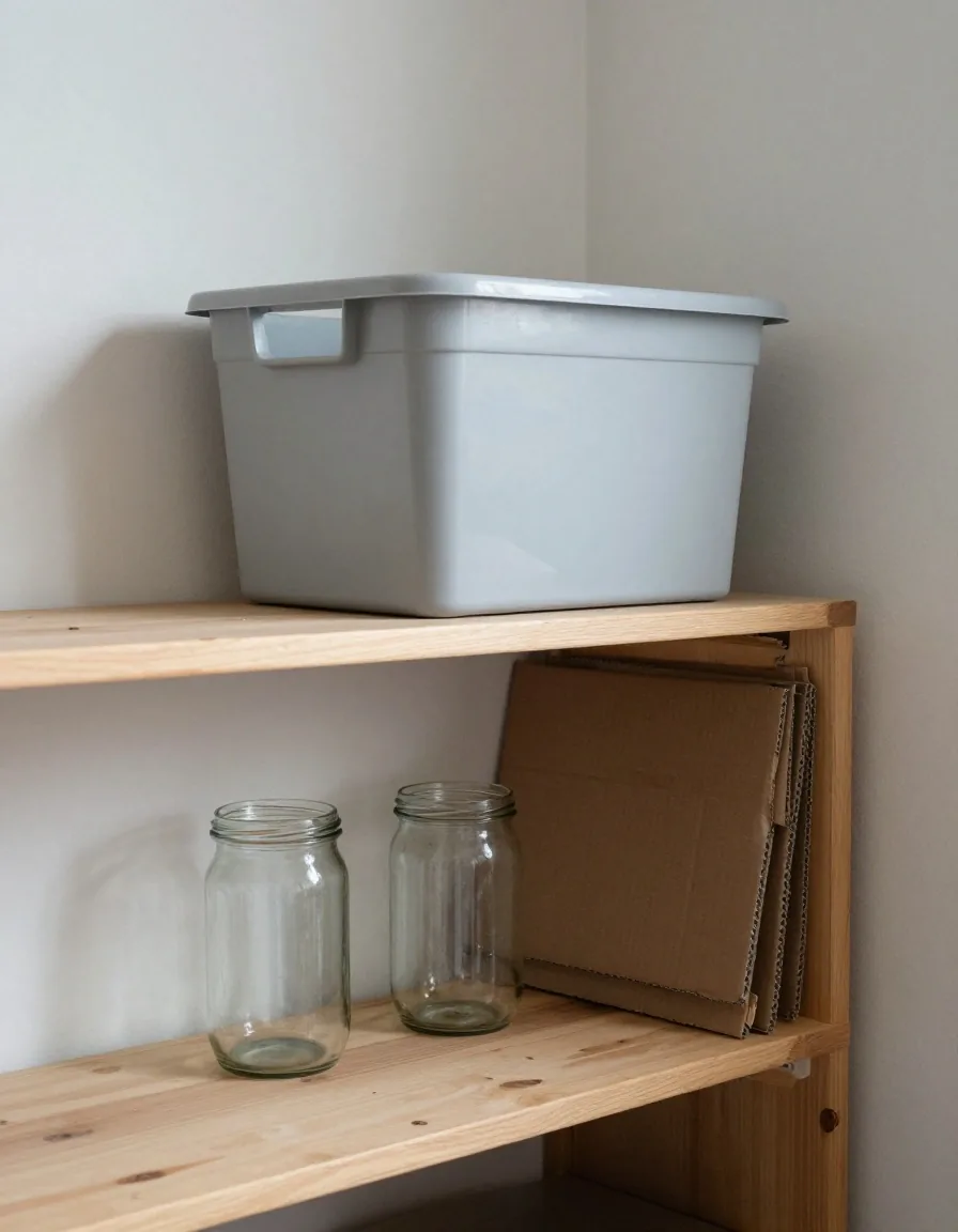 A utility room shelf in a UK home holding a crate of household discards, flattened cardboard and empty glass jars
