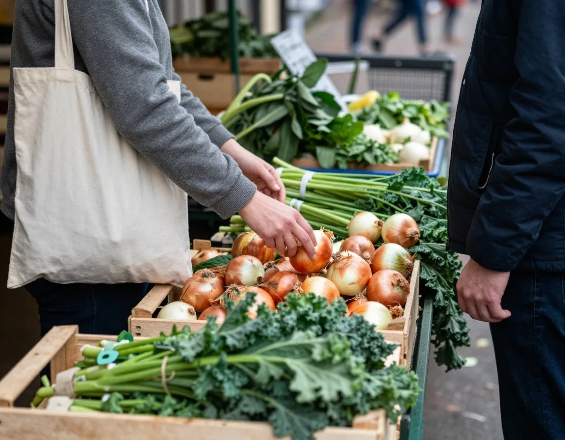 A market trader handing loose vegetables into a customer's reusable cotton mesh bag at a UK market stall