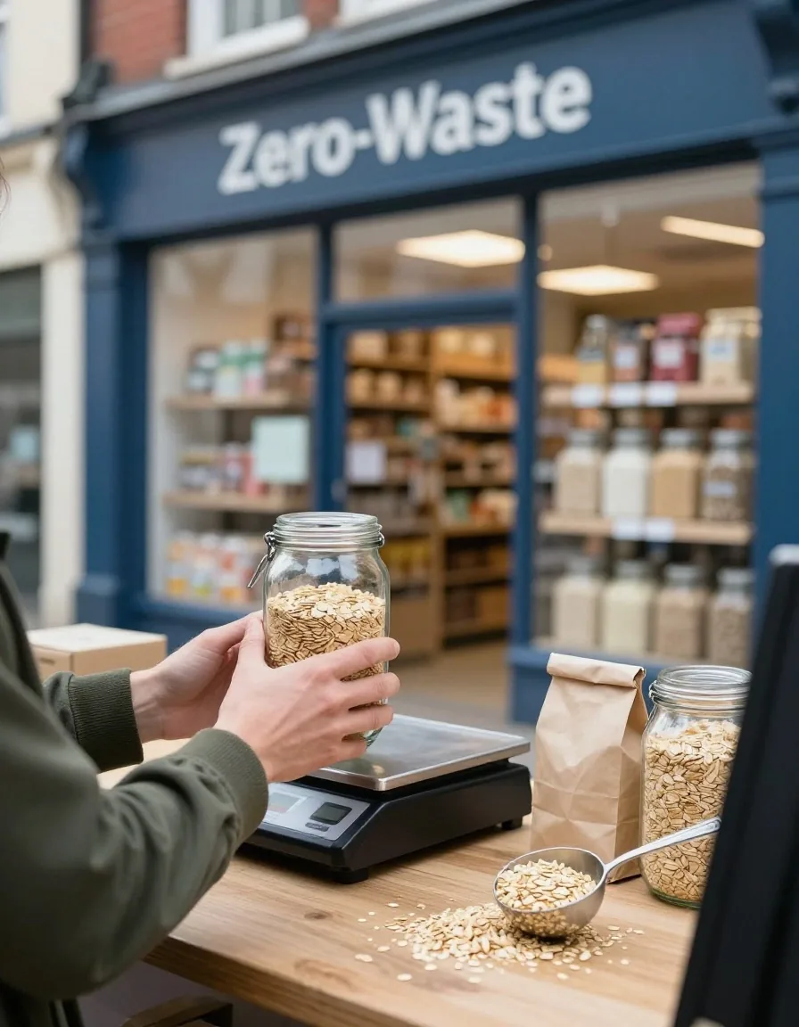 A shopper filling a glass jar with dried pasta from a refill dispenser in a UK zero-waste shop