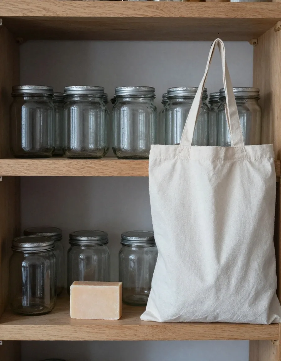 Refill containers, a glass jar of oats and a solid dish soap bar on a UK kitchen worktop