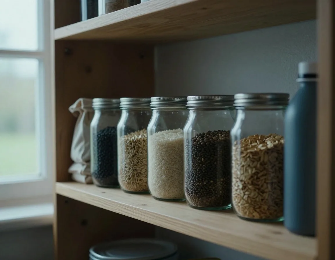 Glass storage jars, folded reusable produce bags and a refillable bottle on a utility room shelf, lit by cool afternoon window light