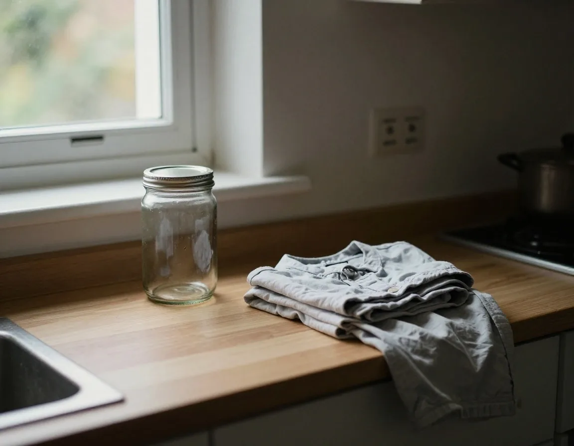 A UK kitchen worktop with a clean glass jar, a worn shirt and a tin can holding a plant cutting set aside for reuse