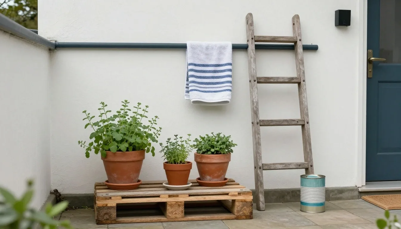 A UK hallway with a wooden crate used as a shoe shelf, a ladder holding towels, and a painted tin can for pencils