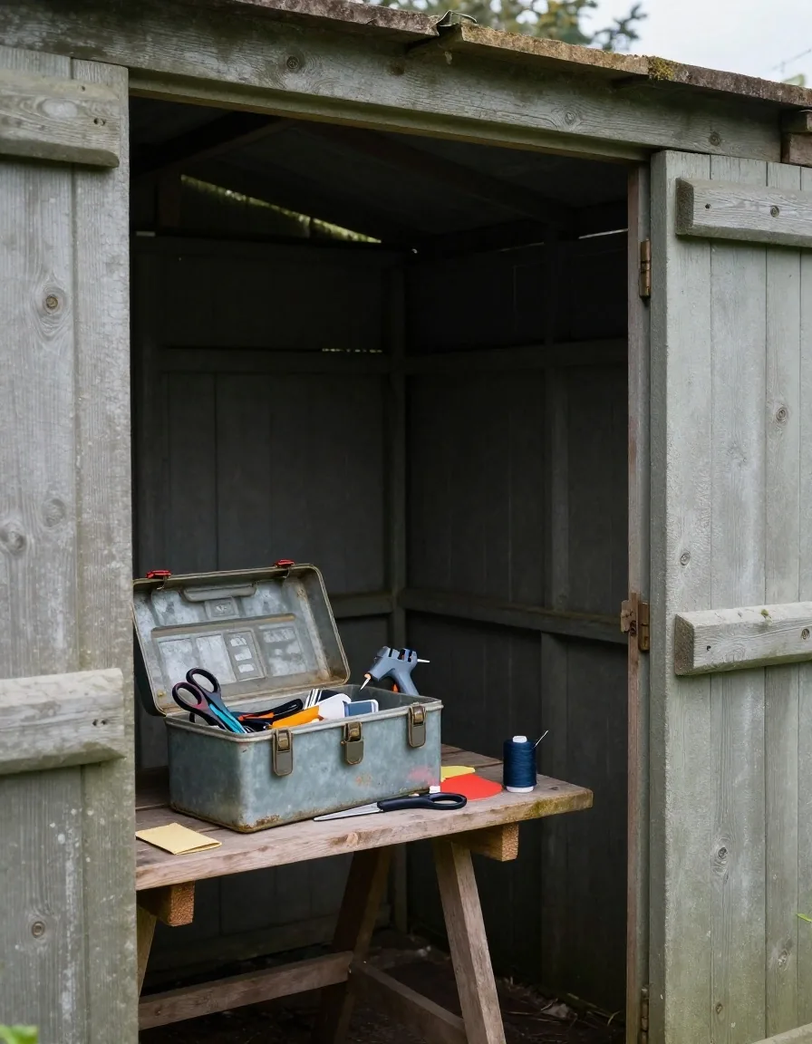 An open toolbox with scissors, a craft knife, sandpaper, a glue gun, a needle and thread and a hand saw on a workbench