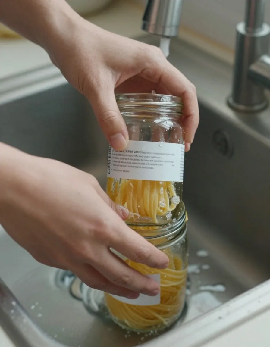 Hands soaking a paper label off a glass jar in warm soapy water at a kitchen sink
