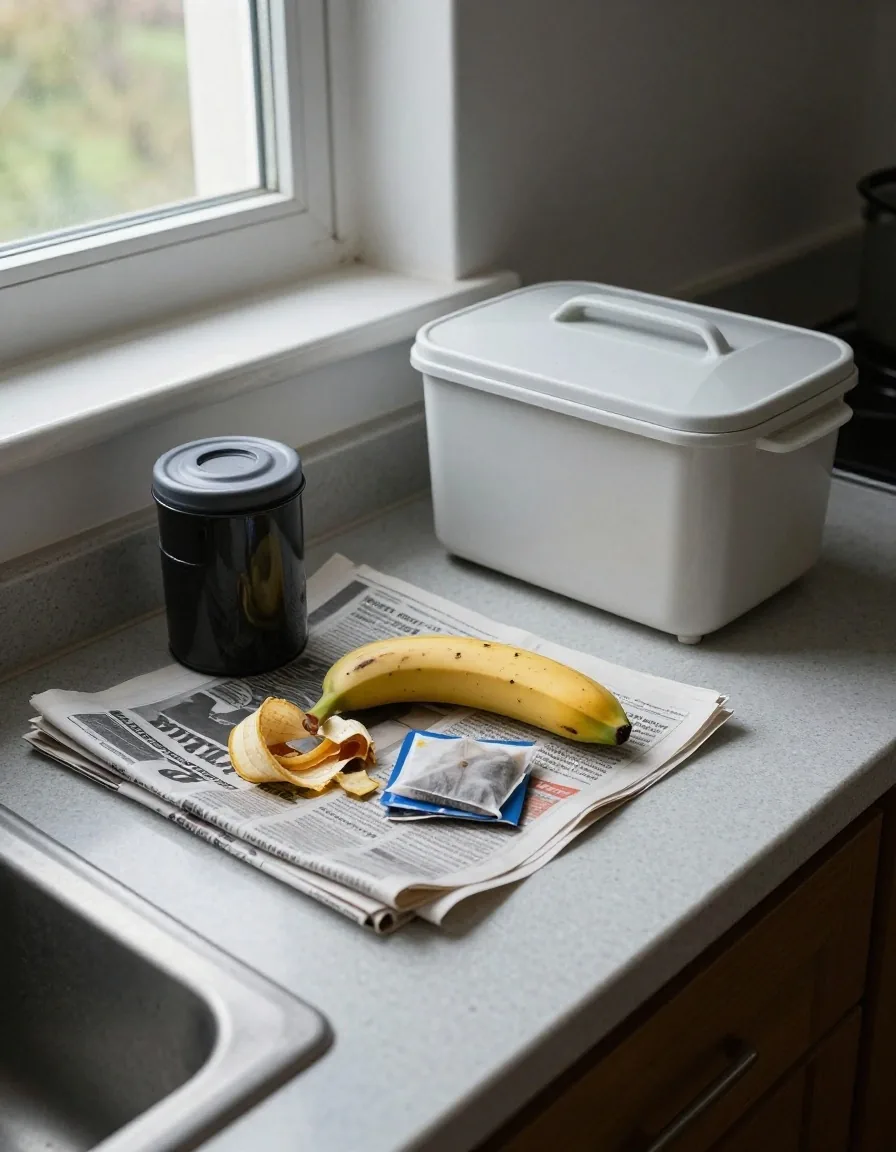 A lined kitchen caddy of food scraps beside a bokashi bin on a flat worktop