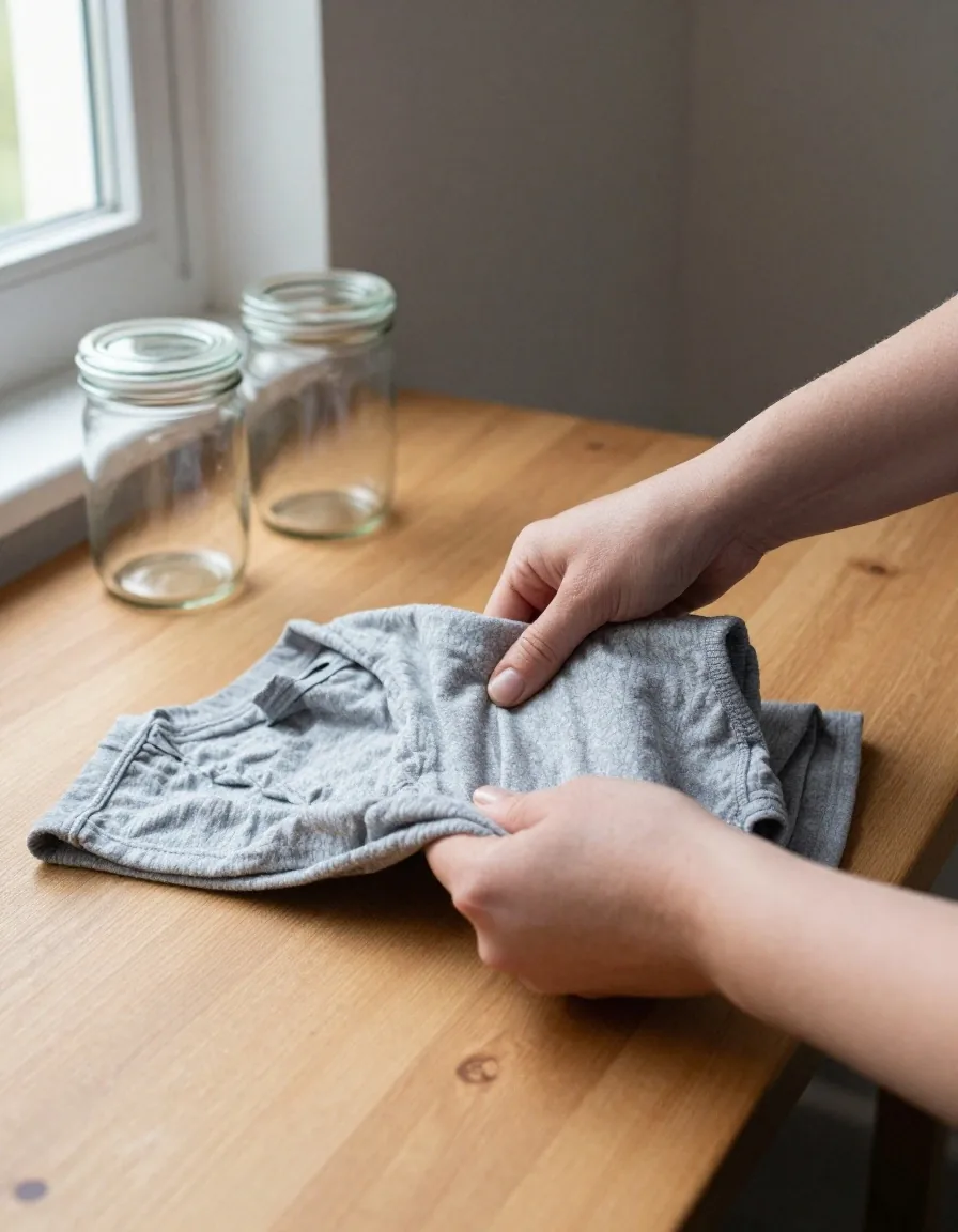 Old t-shirts being folded into cleaning cloths next to clean glass jars on a kitchen table